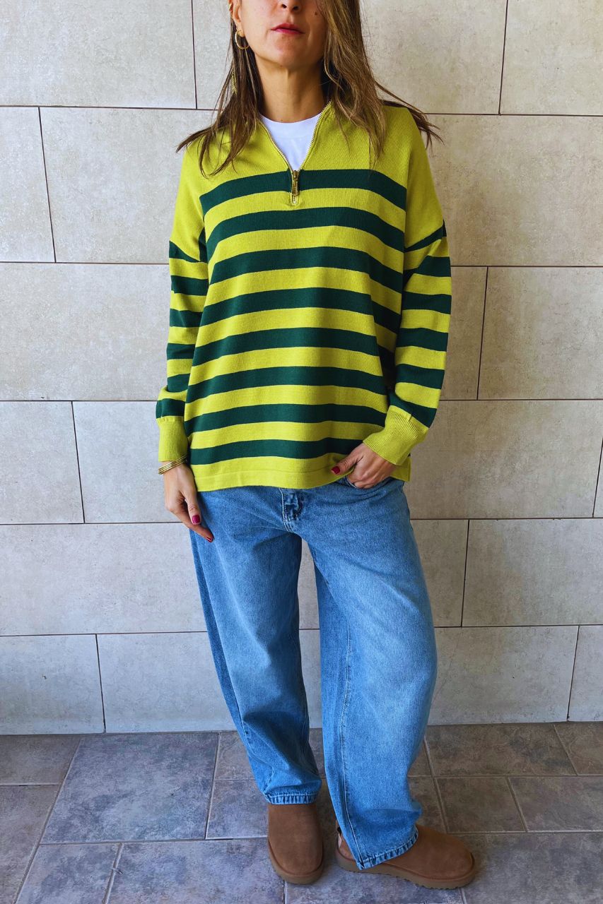 Green & Lime Striped Zip up pullover