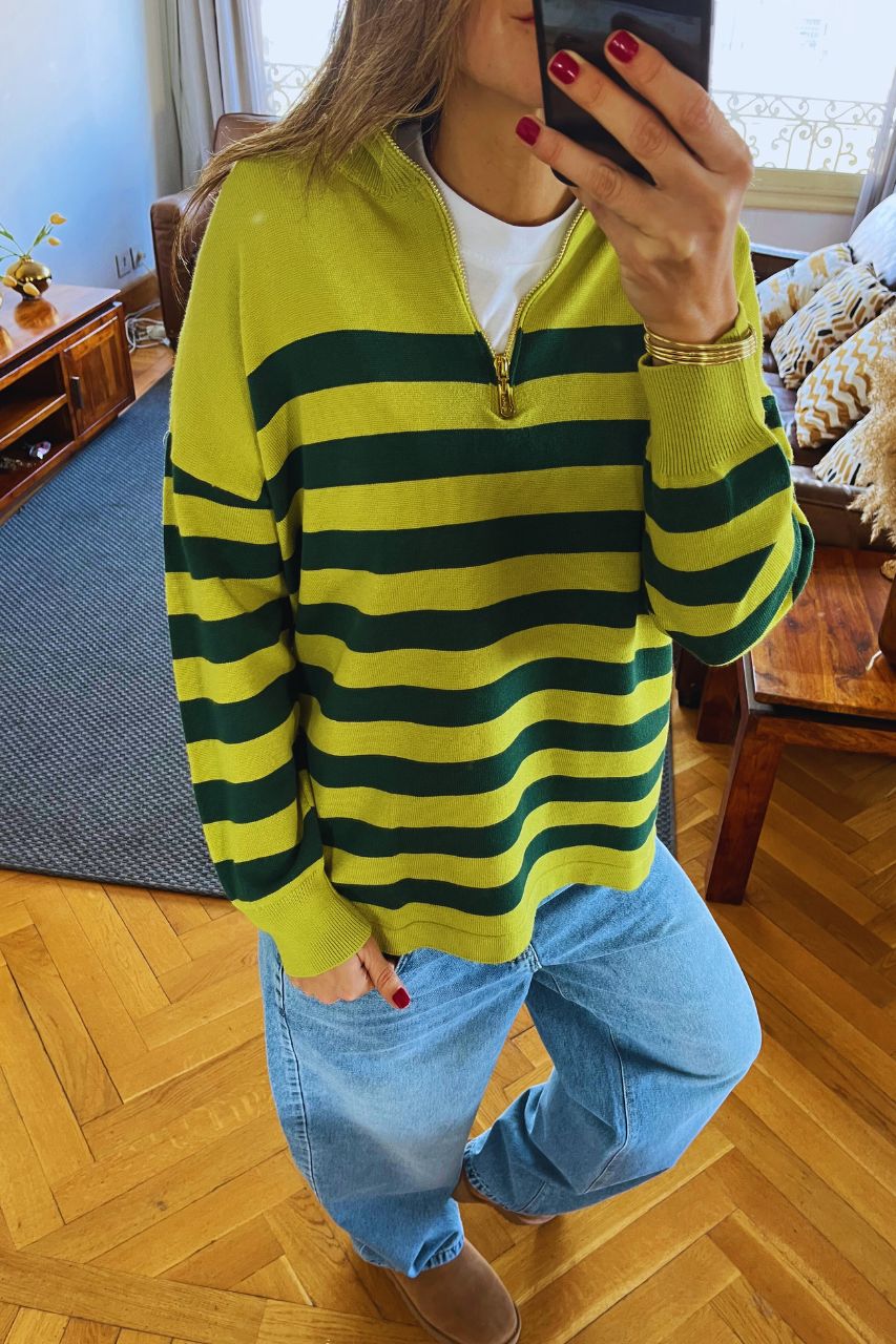 Green & Lime Striped Zip up pullover