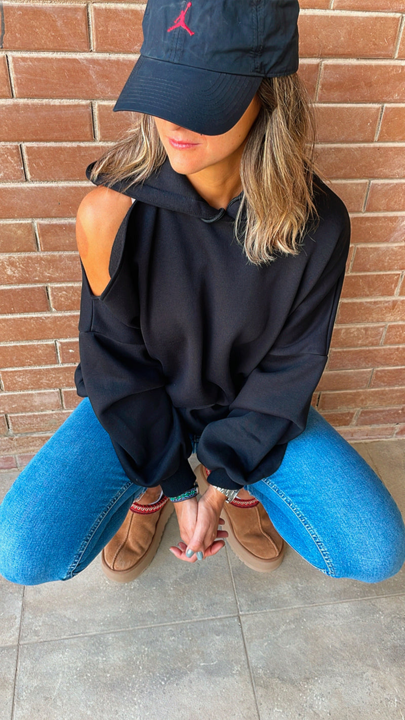 Black Cut Out Shoulder Sweatshirt