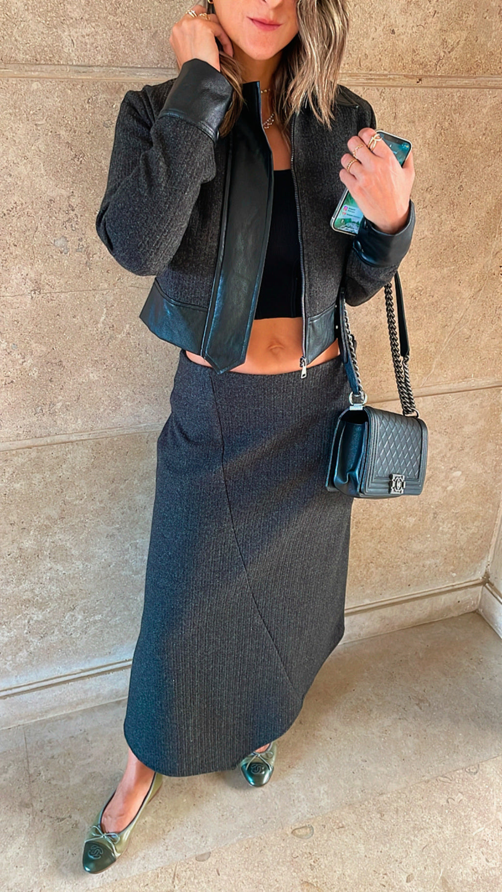 Black Leather Jacket Skirt Set