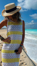 Yellow Crochet Stripes Longline Cover Up