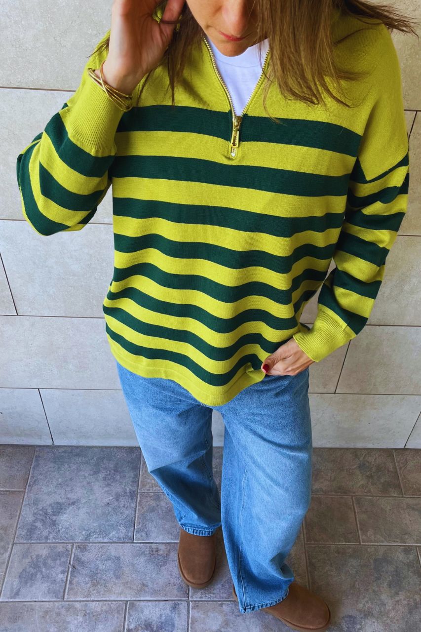 Green & Lime Striped Zip up pullover