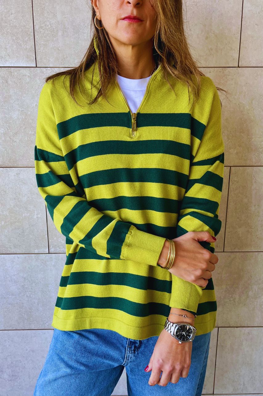 Green & Lime Striped Zip up pullover