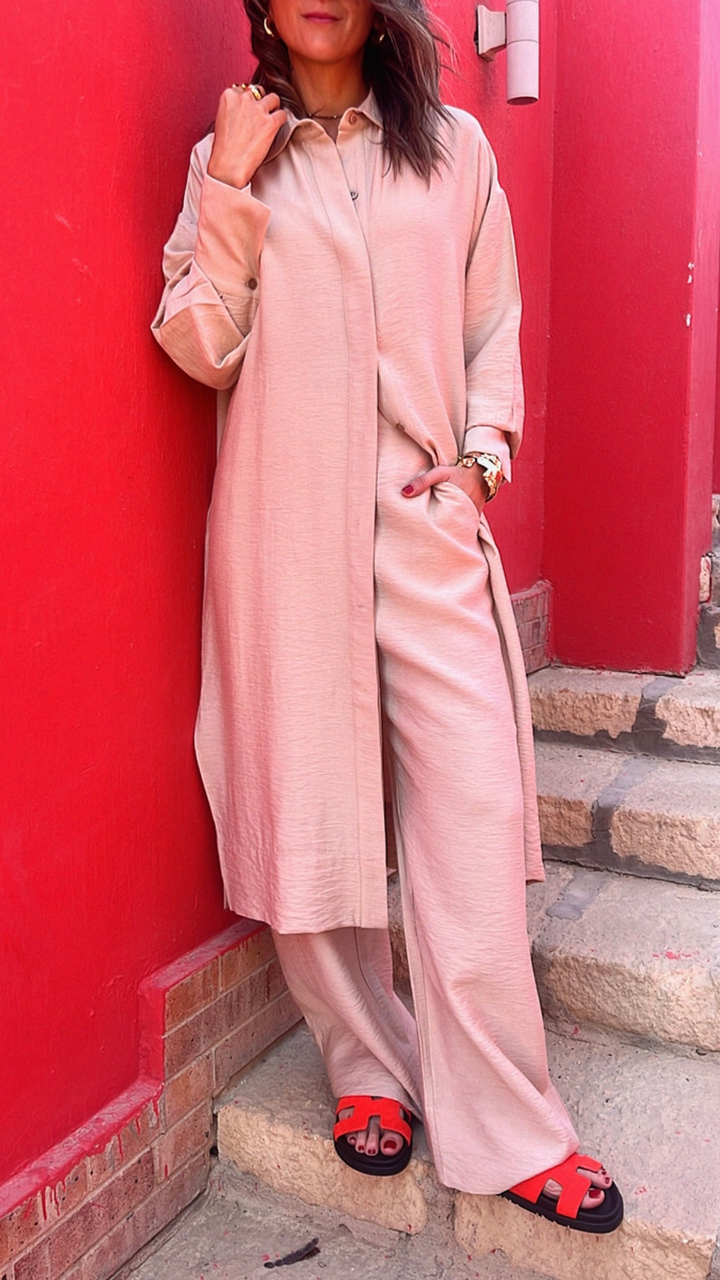 Beige Longline Shirt Set