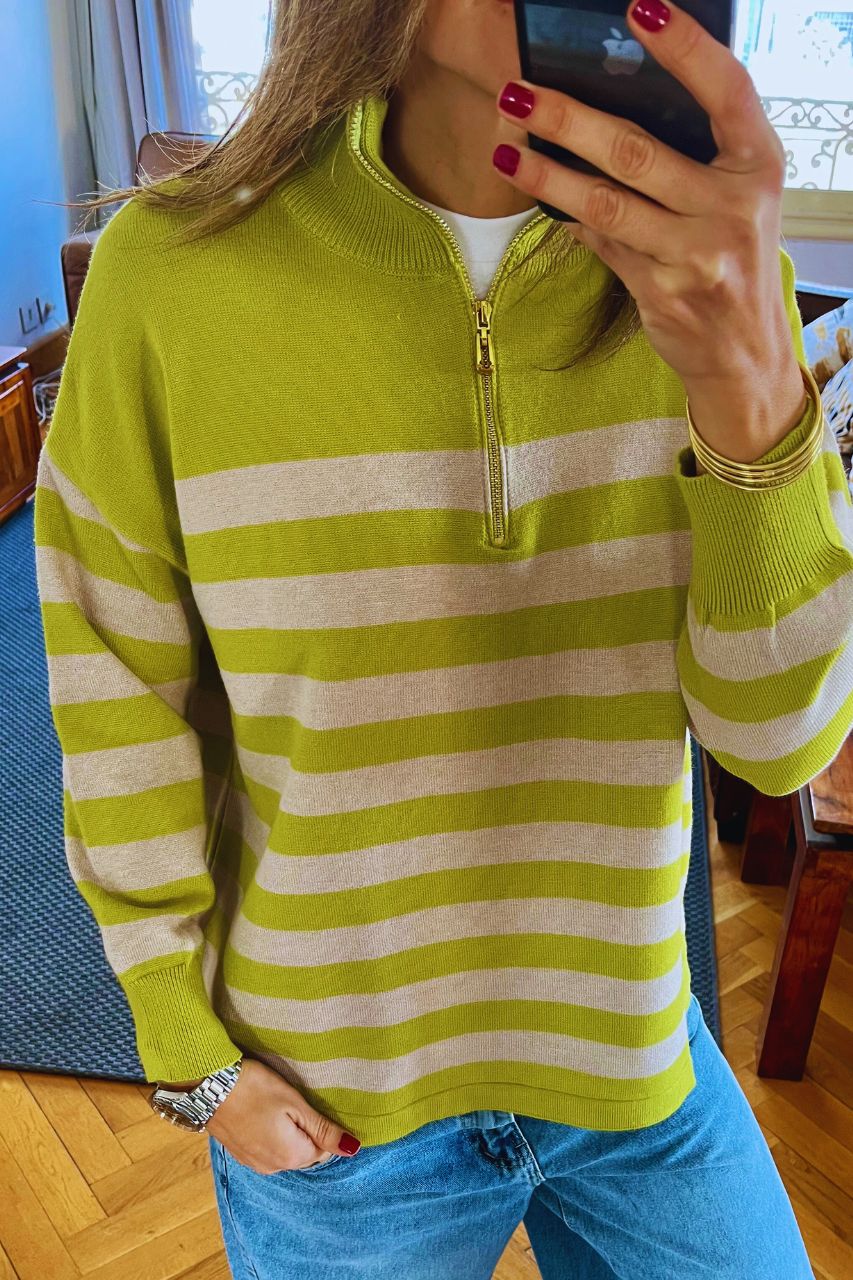Beige & Lime Striped Zip up pullover
