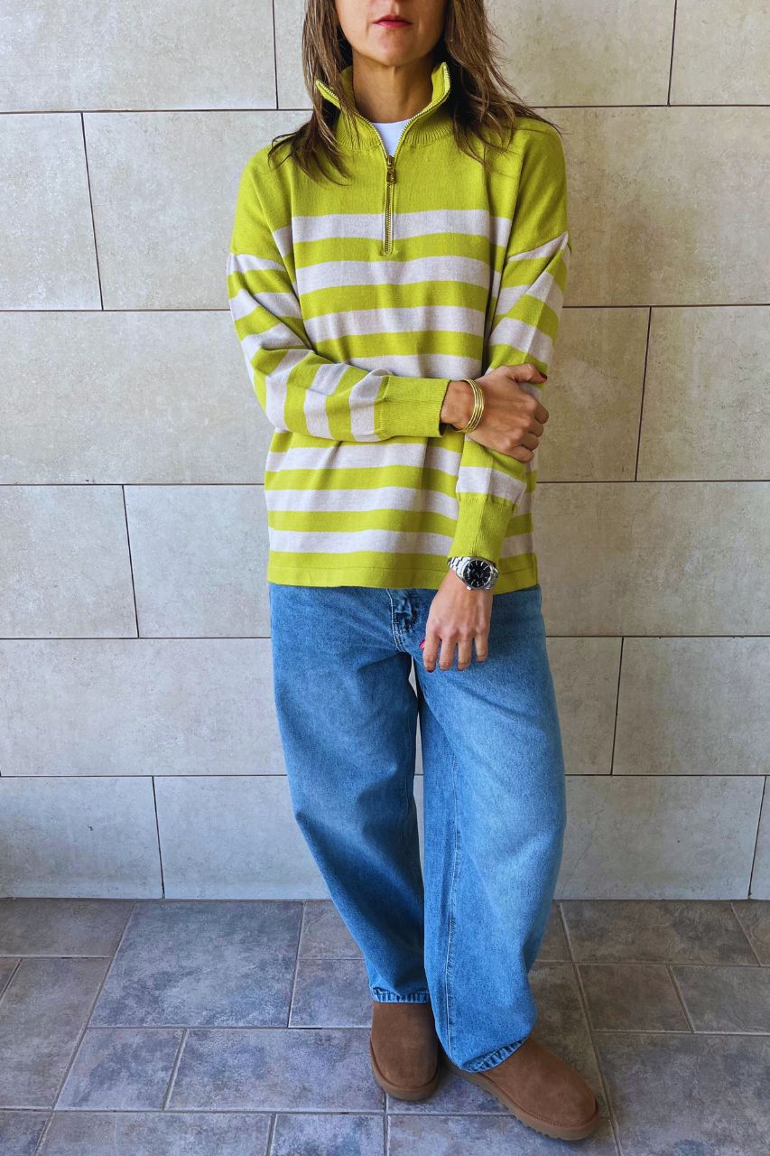 Beige & Lime Striped Zip up pullover