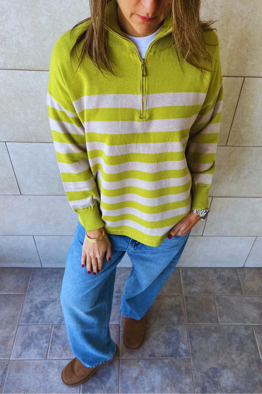Beige & Lime Striped Zip up pullover