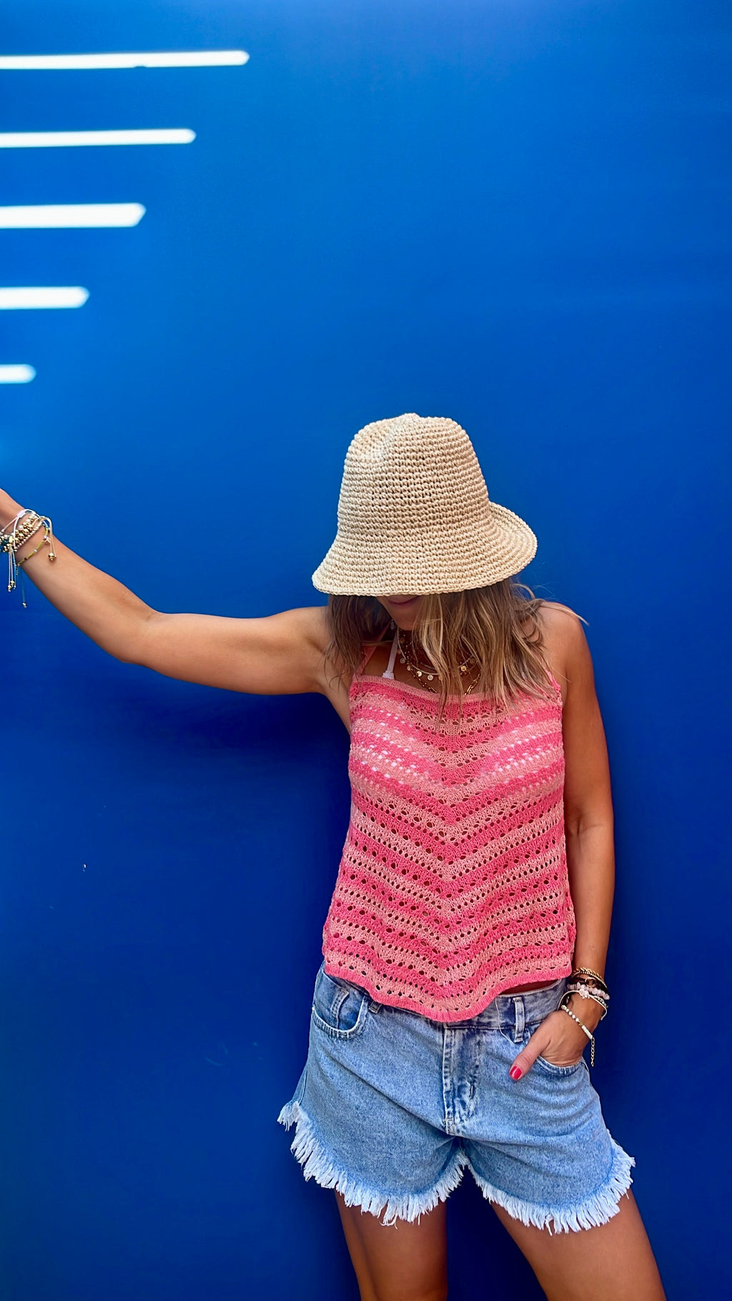 Pink Stripe V Crochet Halter Top