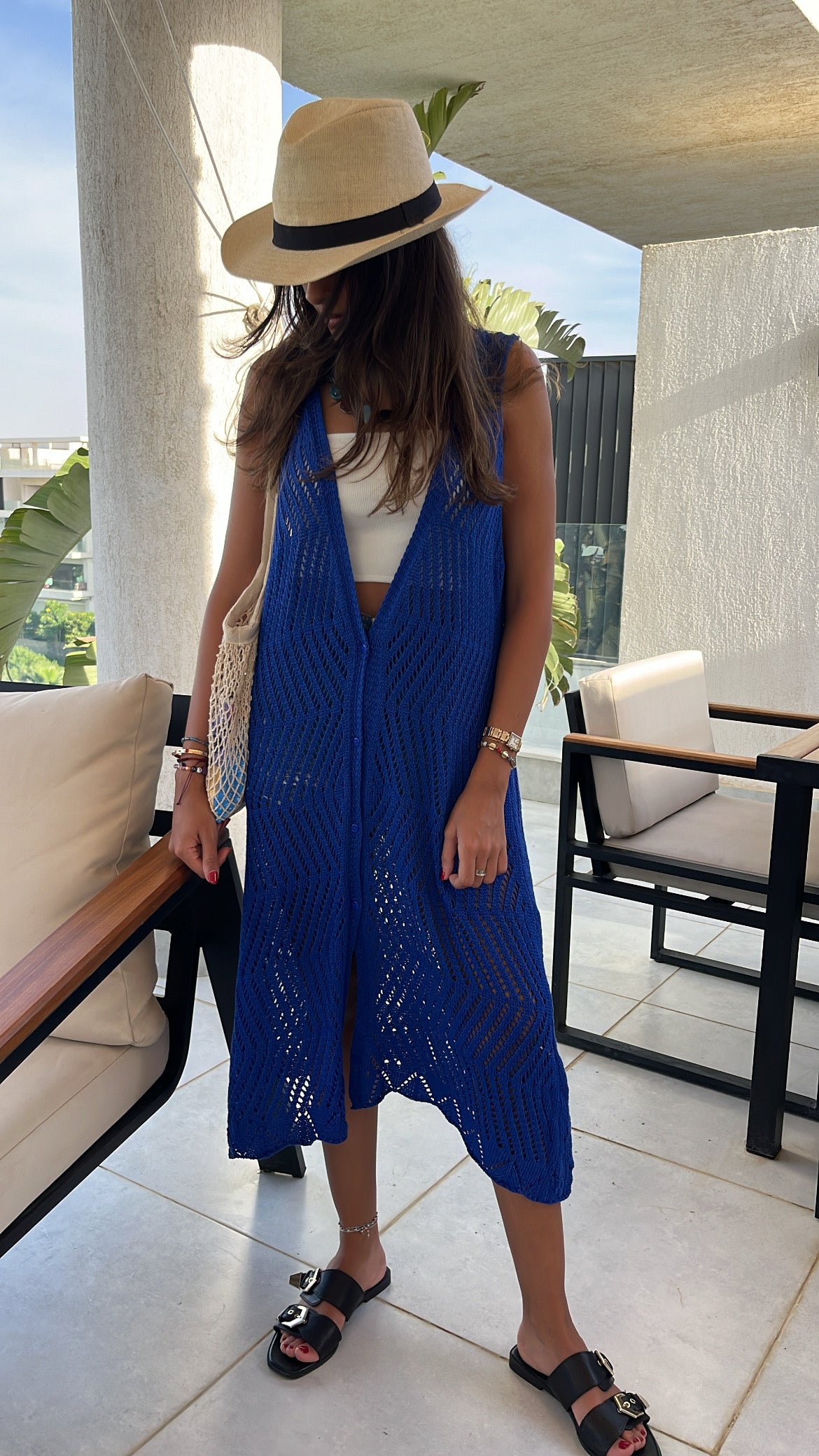 Blue Crochet Longline Vest