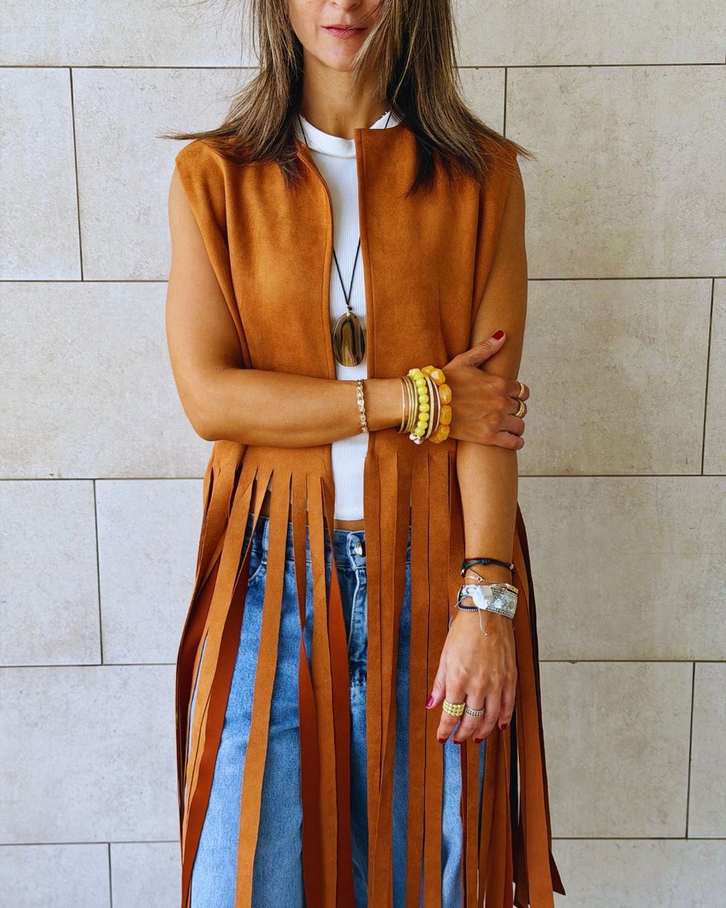 Camel Fringe Me Up Suede Vest