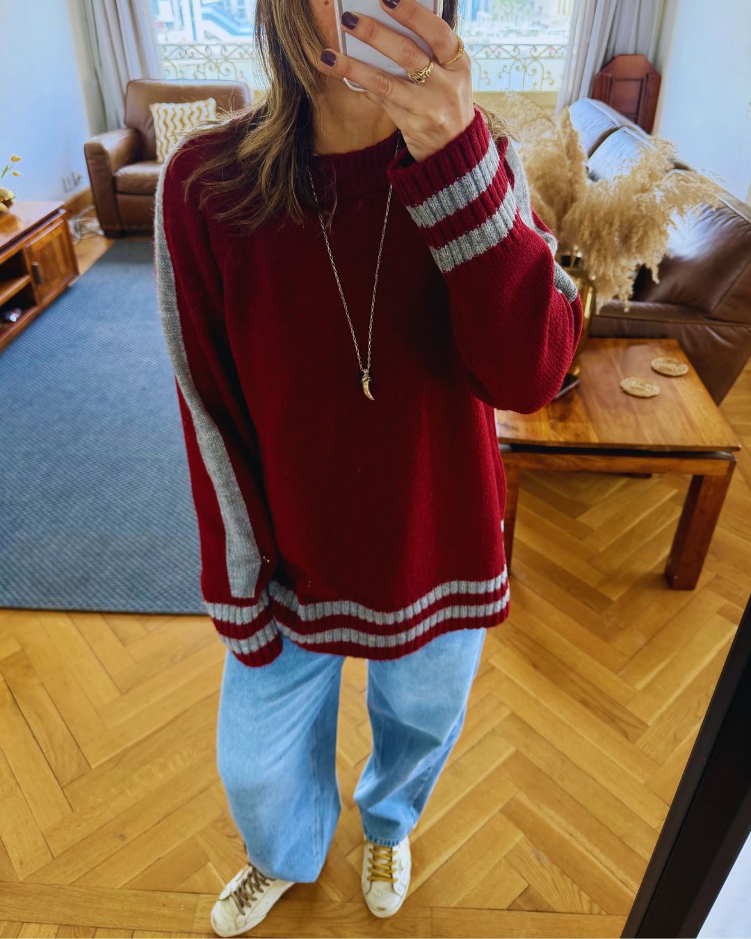 Burgundy Side Stripe Knit Pullover