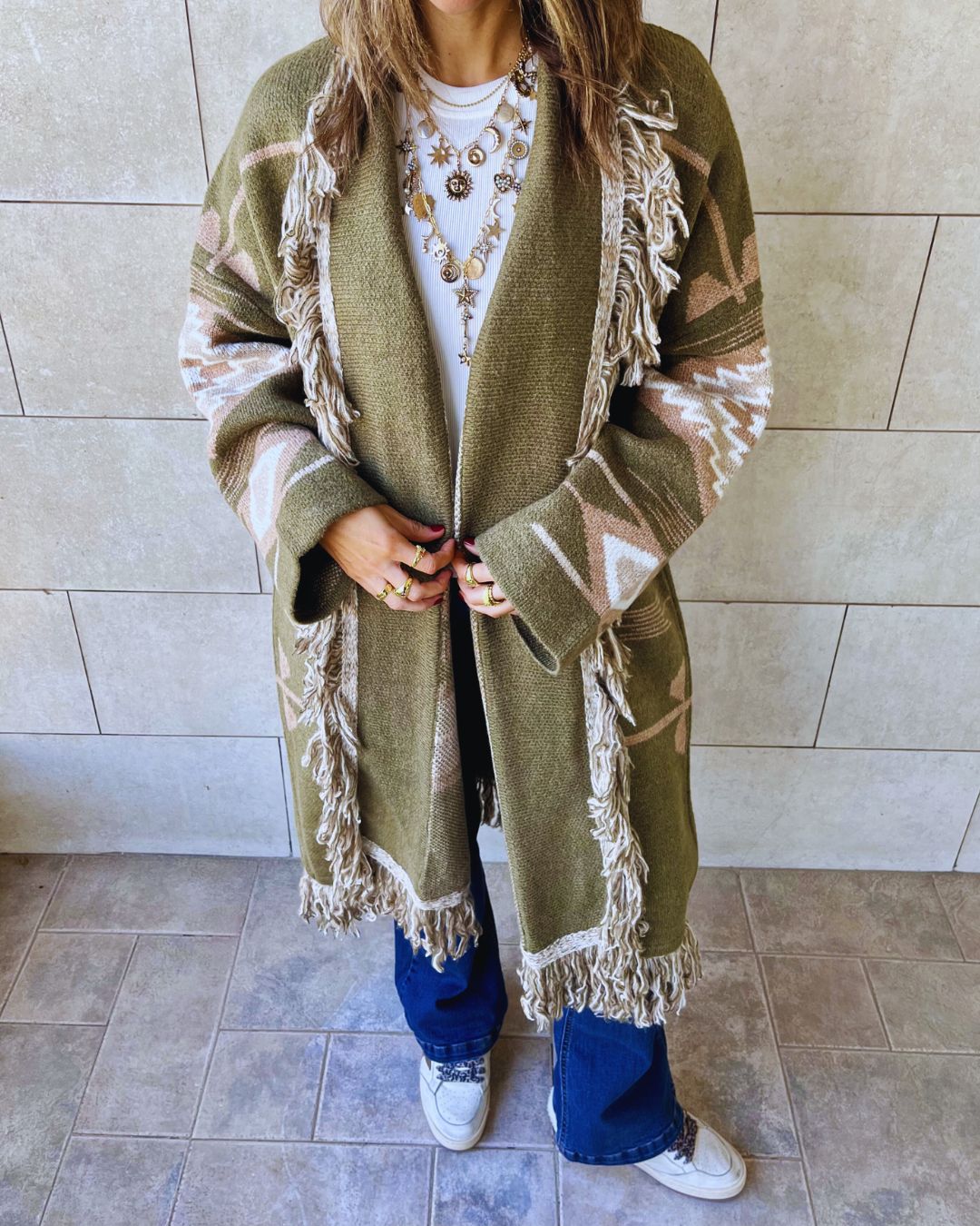 Aztec Olive Ruffle Cardigan