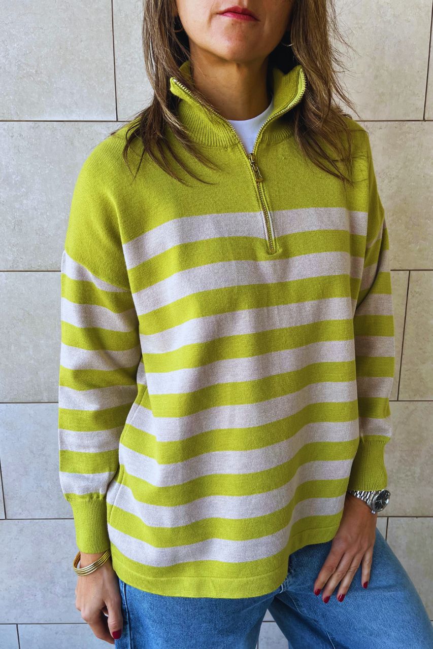 Beige & Lime Striped Zip up pullover