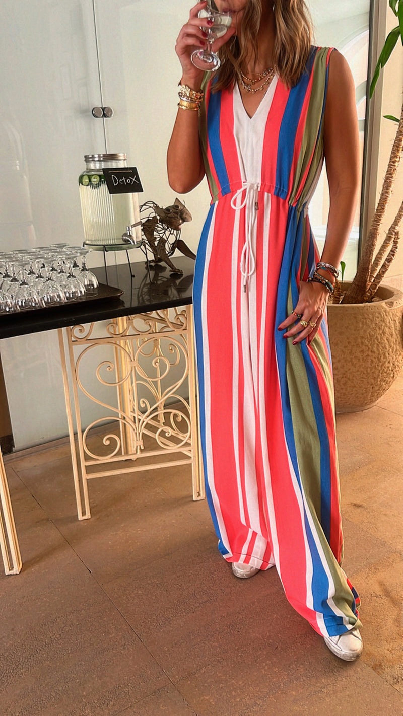 Colorful Parachute Tie Waist Linen Jumpsuit