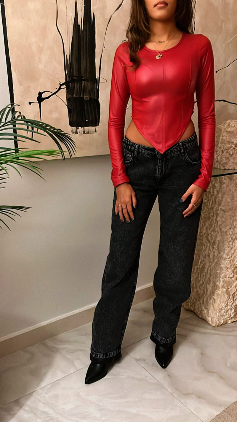 Red Leather V Party Top