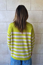 Beige & Lime Striped Zip up pullover