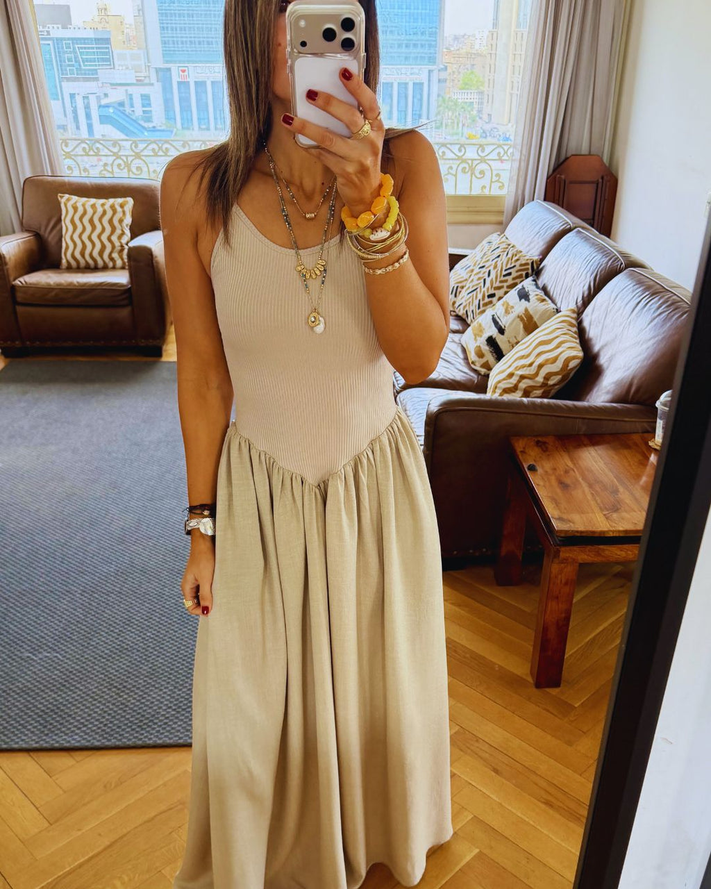 Beige Drop Waist Dress
