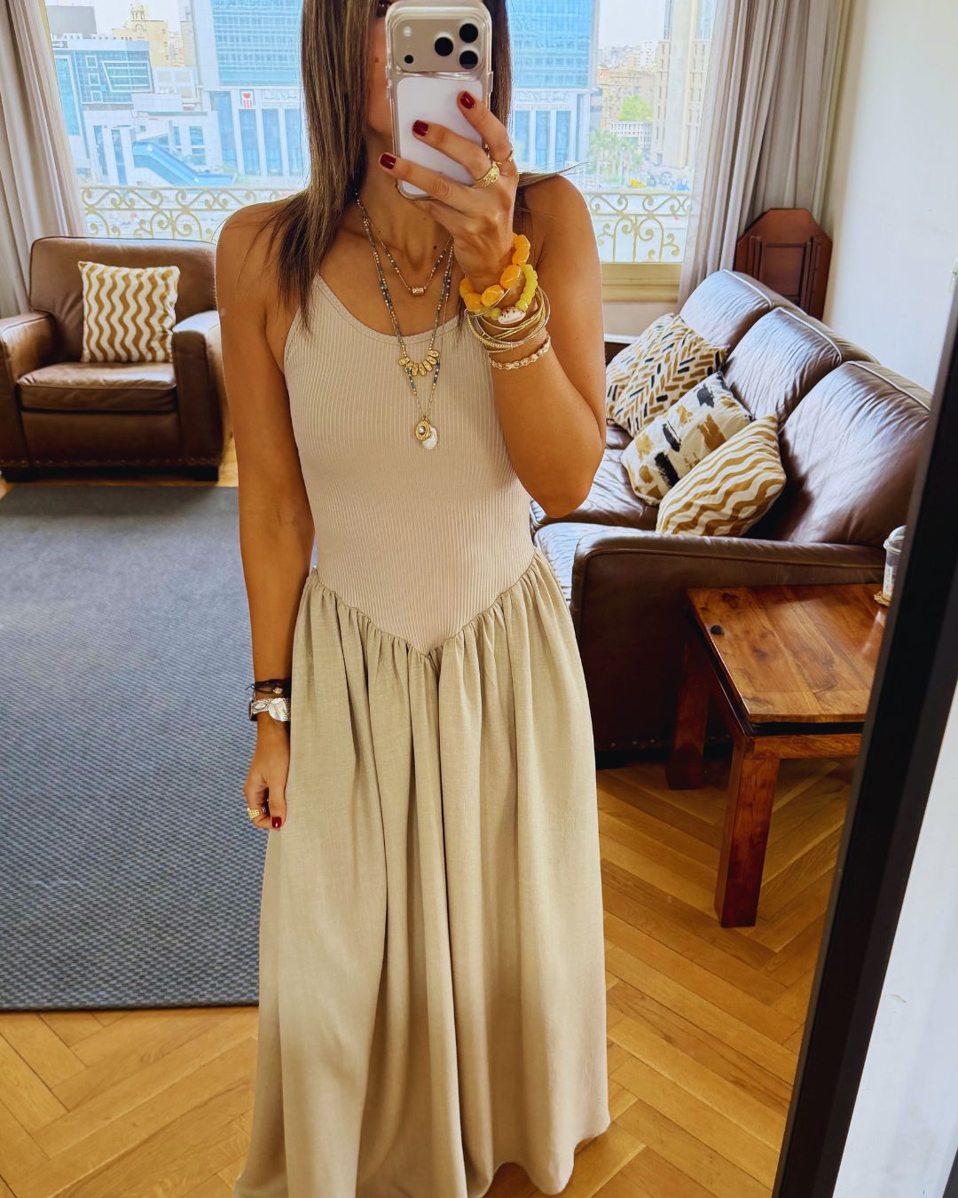 Beige Drop Waist Dress