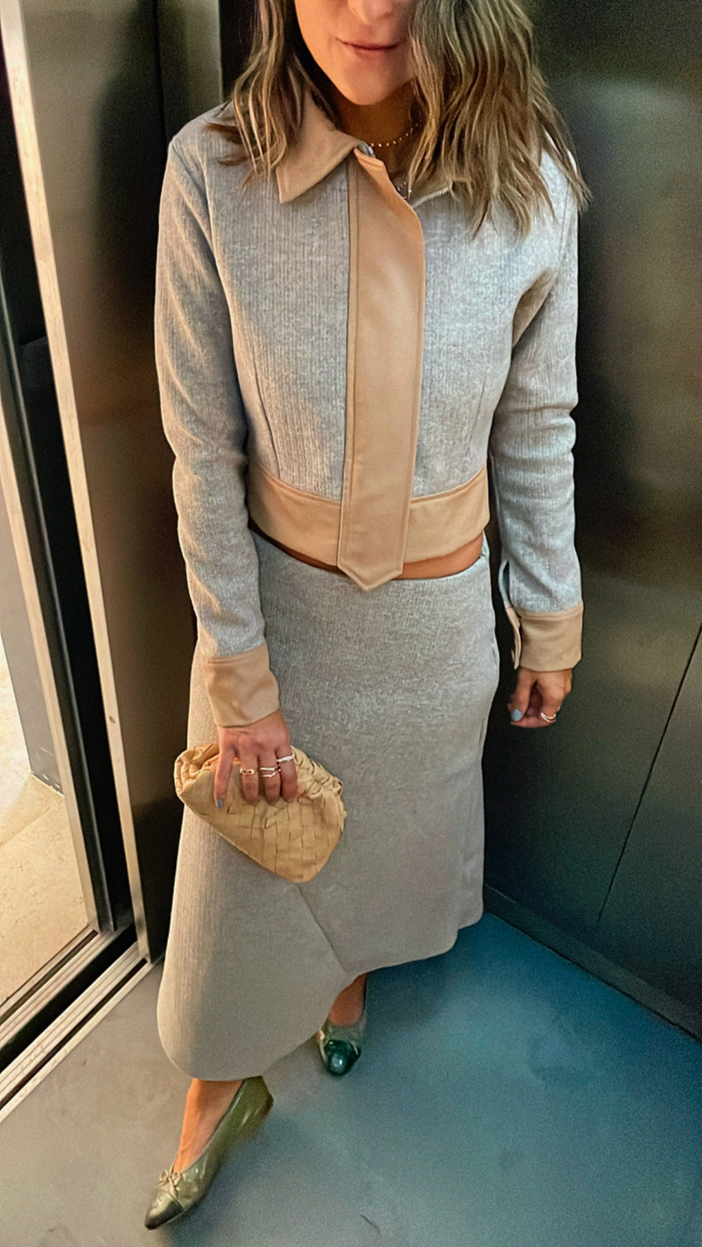 Beige Leather Jacket Skirt Set