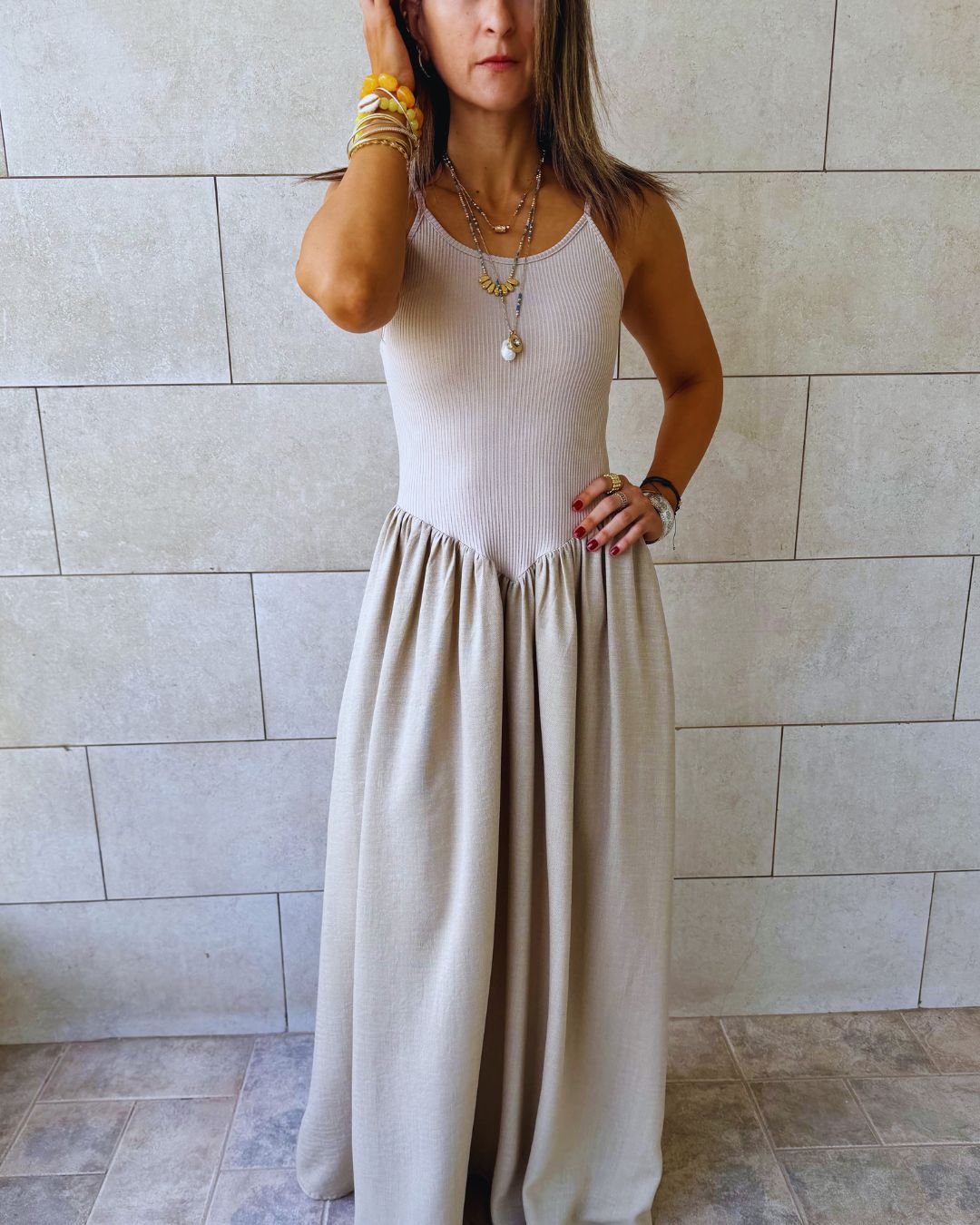 Beige Drop Waist Dress