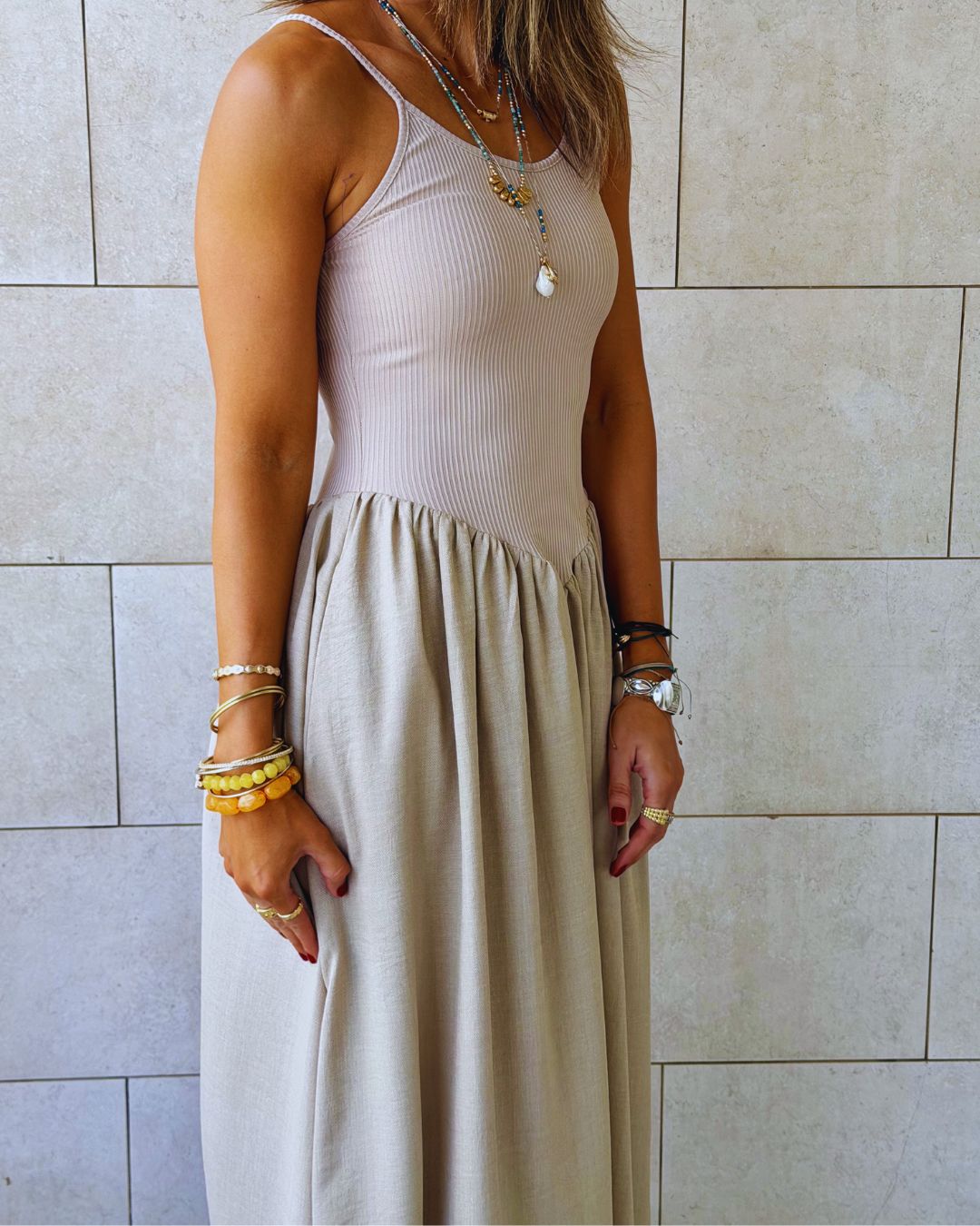 Beige Drop Waist Dress