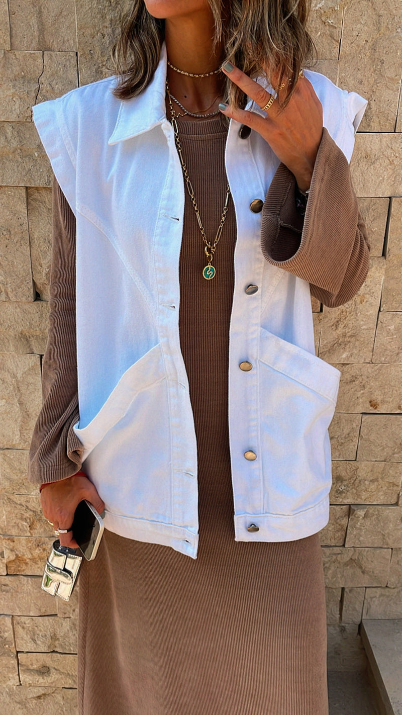 White Exaggerated Double Pocket Denim Vest