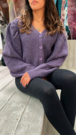 Purple Button Puff Sleeve Cardi