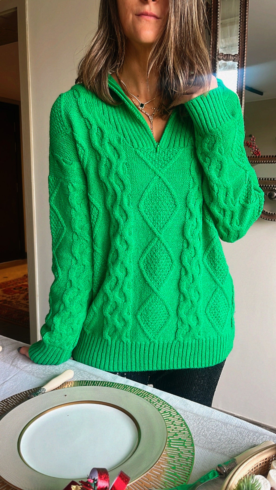 Green Braided Half Zip Up Pullover