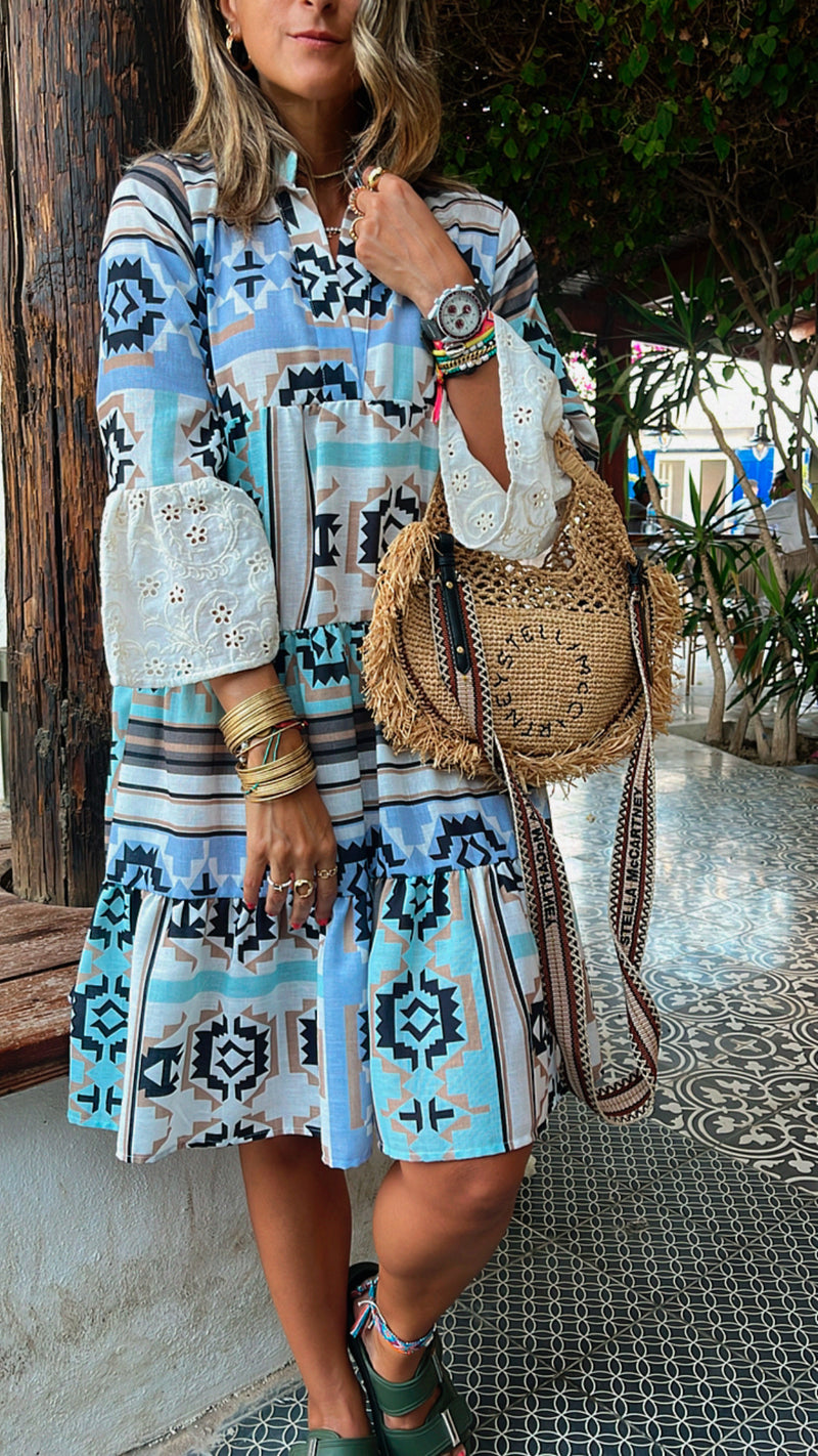 Summer Days Detailed Aztec Mini Shirt Dress
