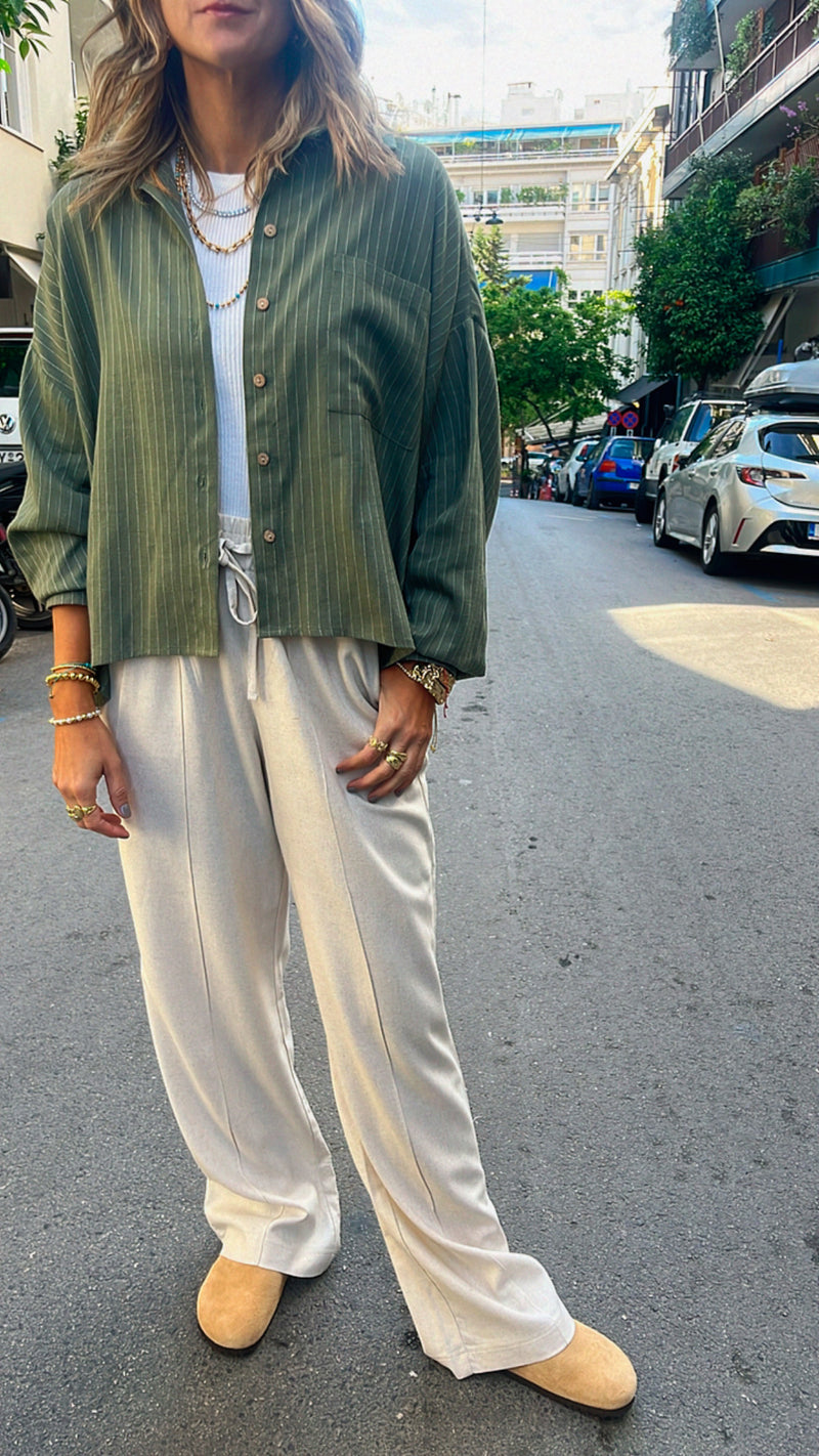 Olive Lined Linen Cropped Shirt