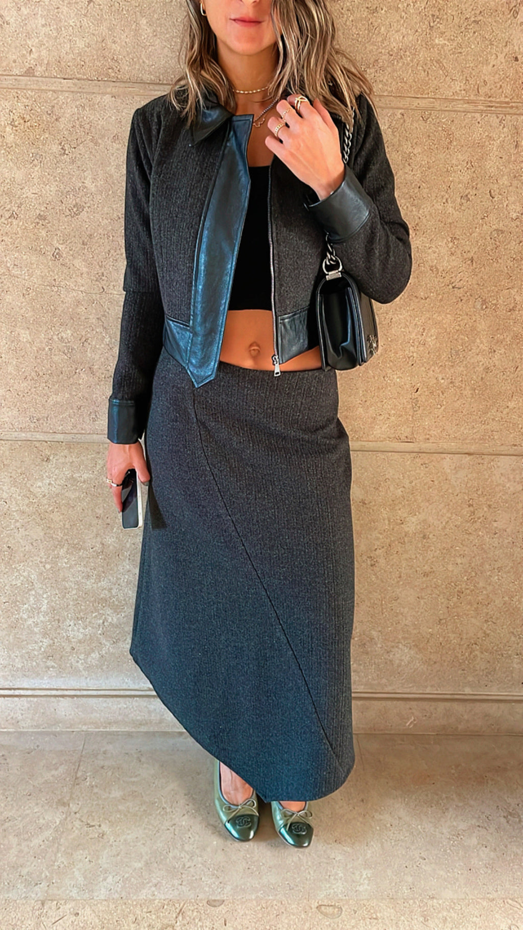 Black Leather Jacket Skirt Set