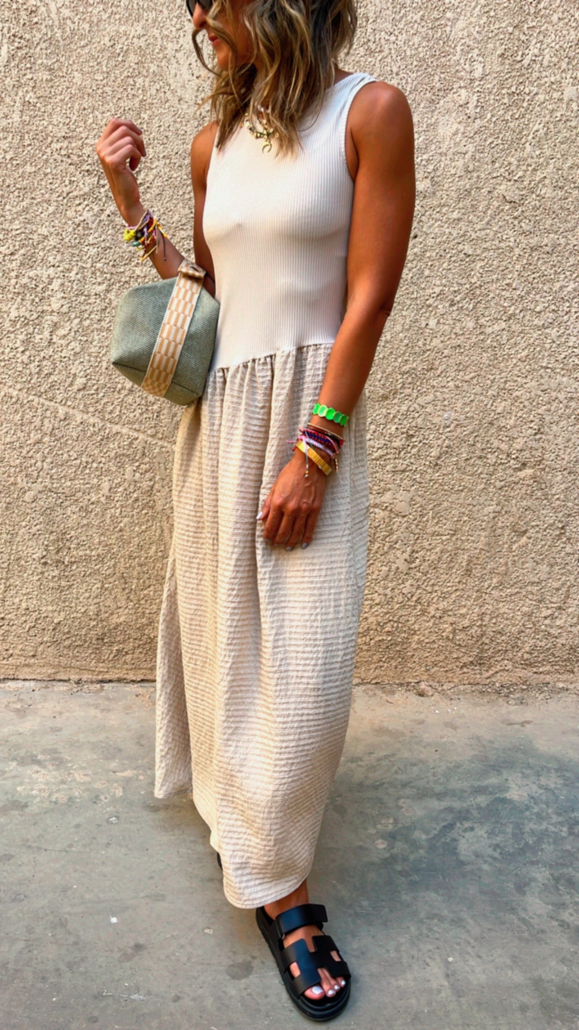 Beige Asymmetric Drop Waist Dress