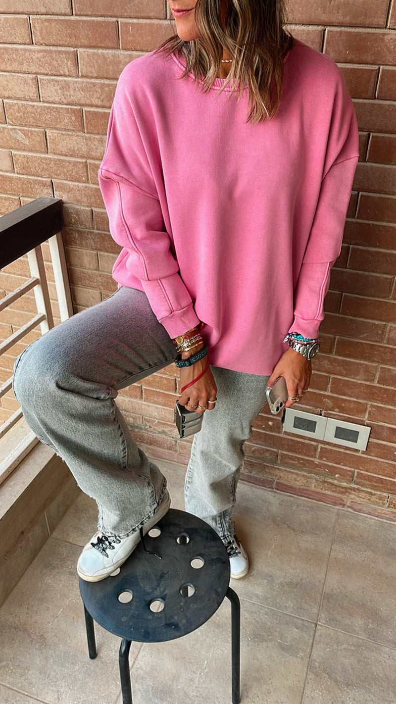 Pink Acid Wash Crew Neck