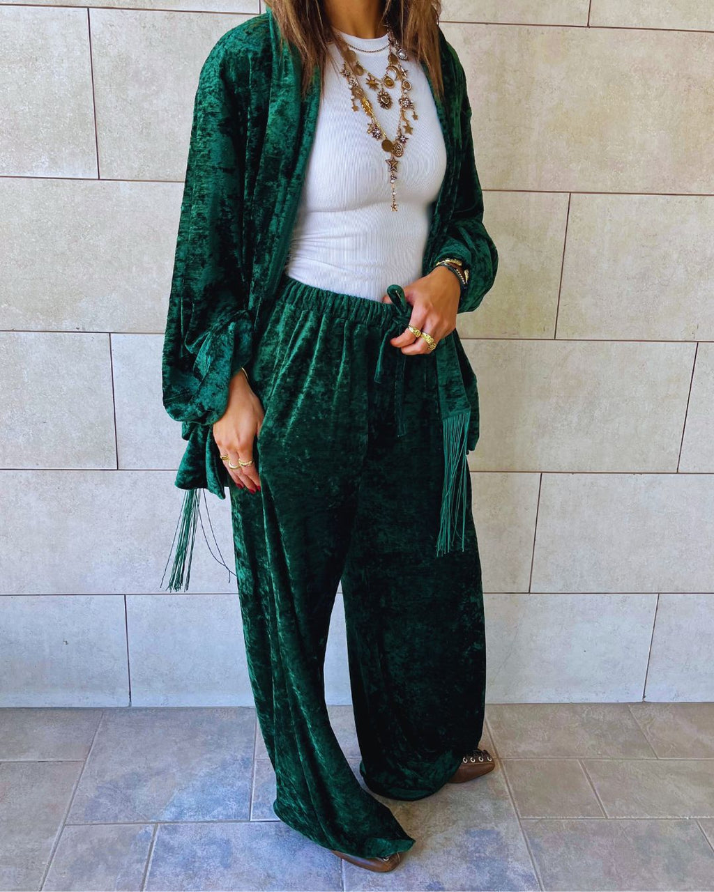 Green Flowy Velvet Pants