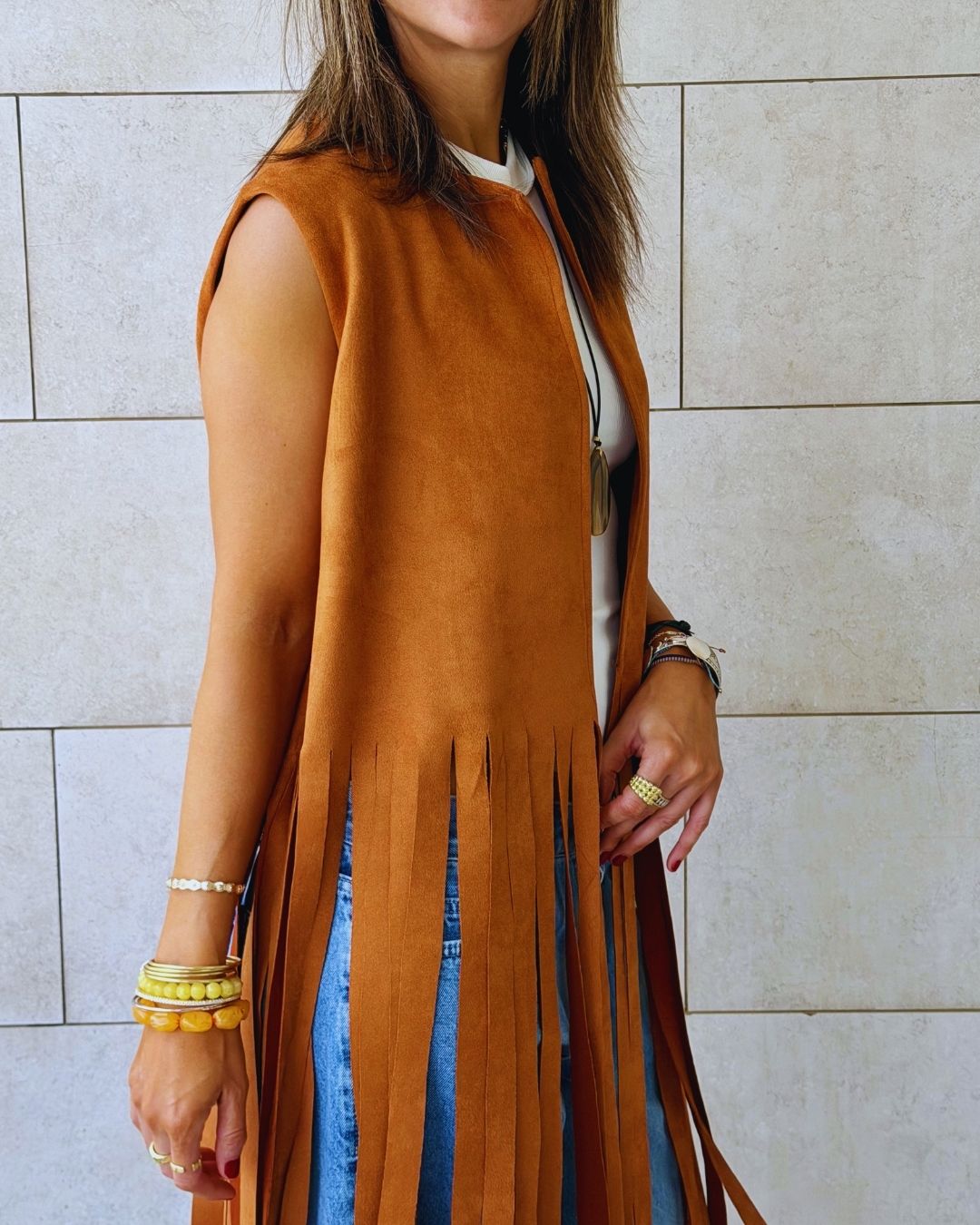Camel Fringe Me Up Suede Vest