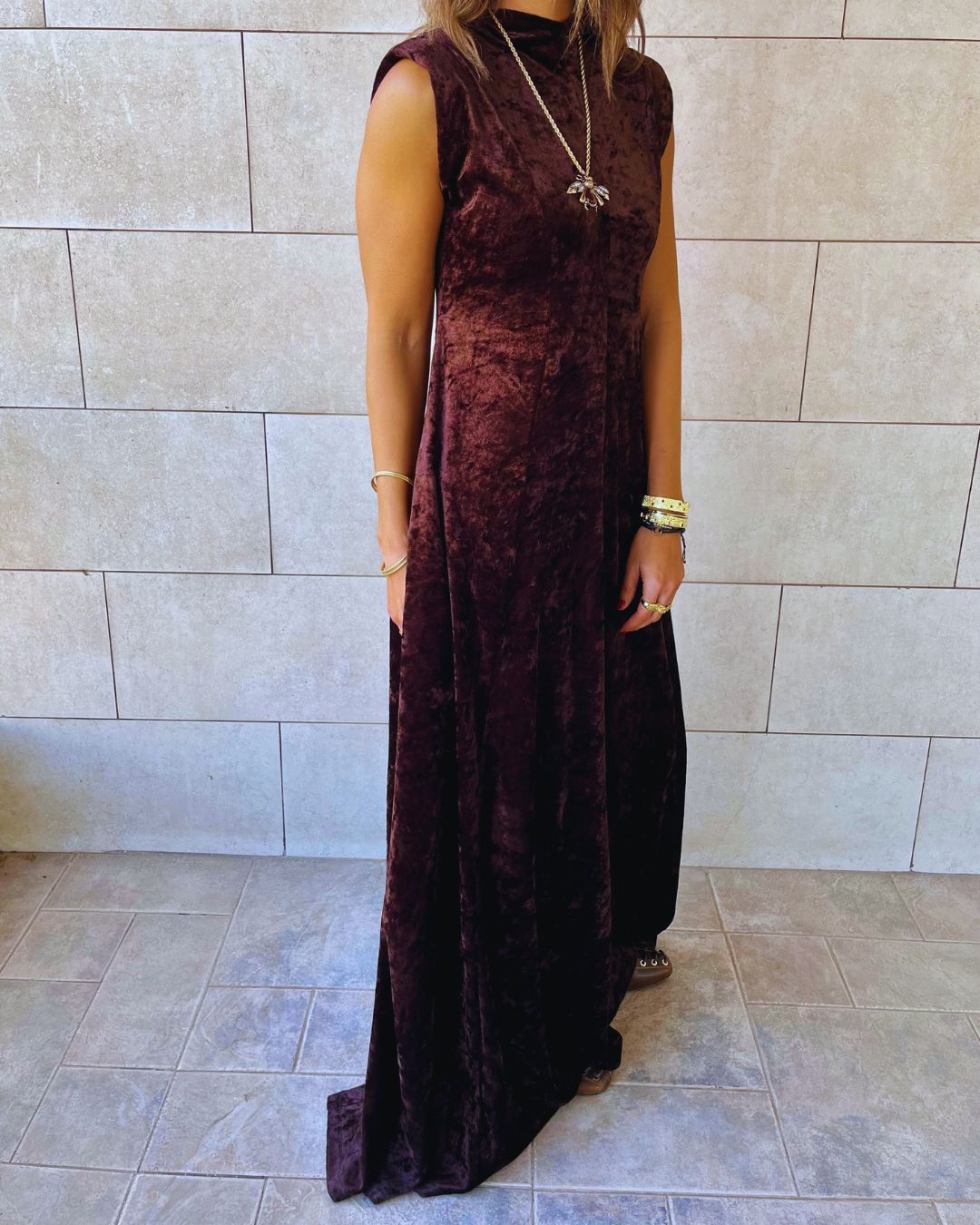 Brown Soft Velvet Maxi Dress