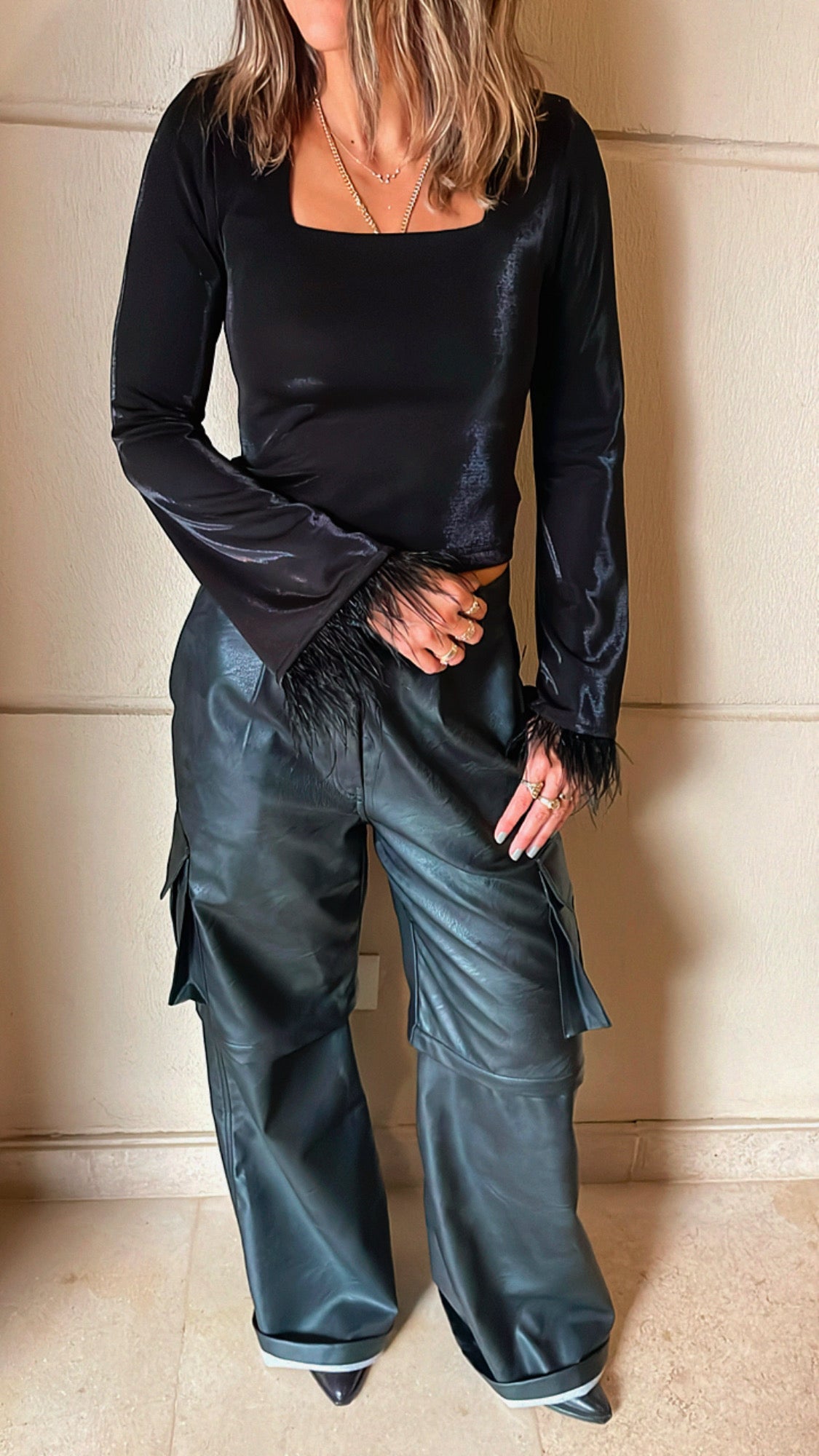 Black Fur Sleeve Top