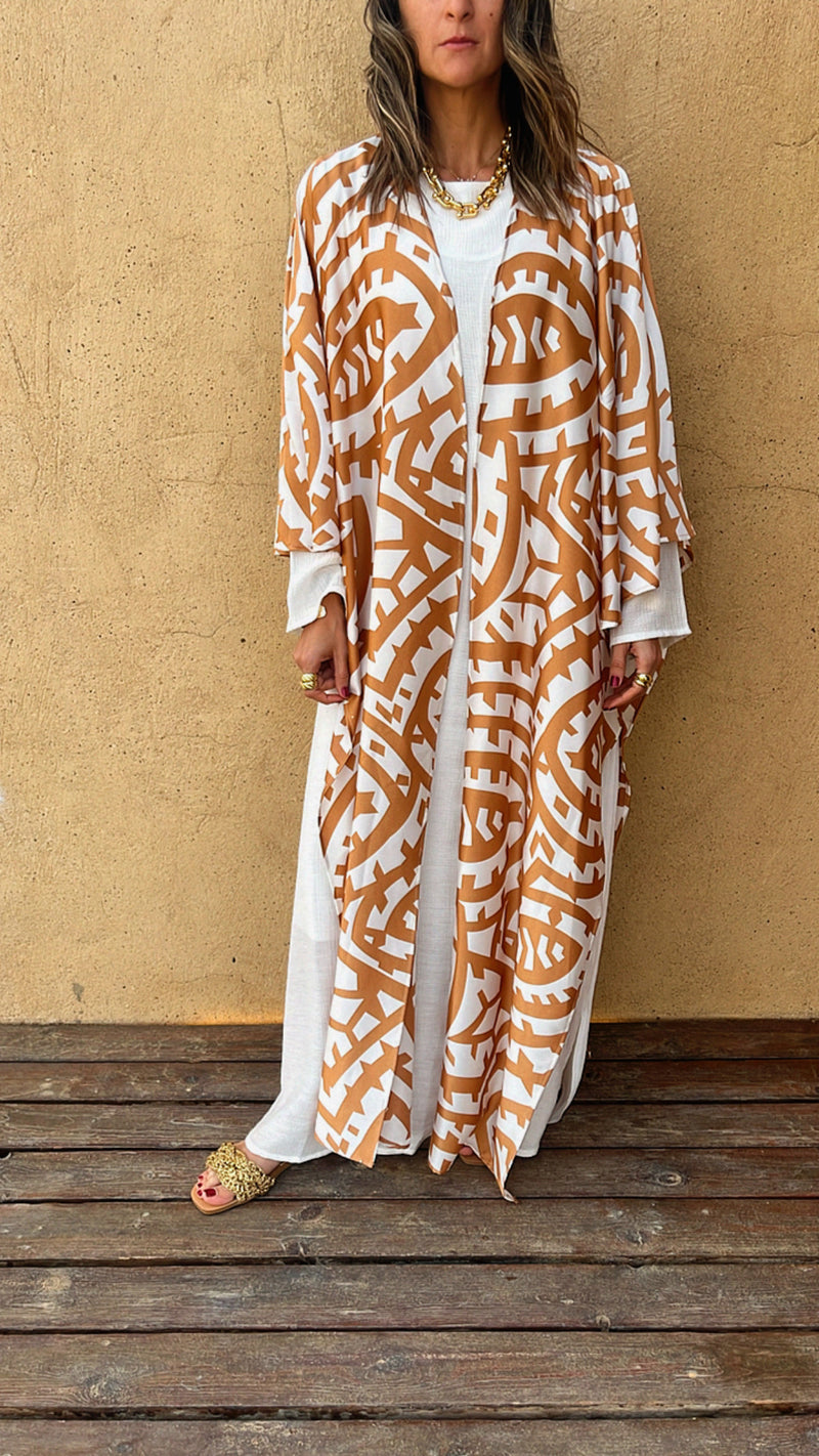 Camel Abstract Monochrome Kimono Set