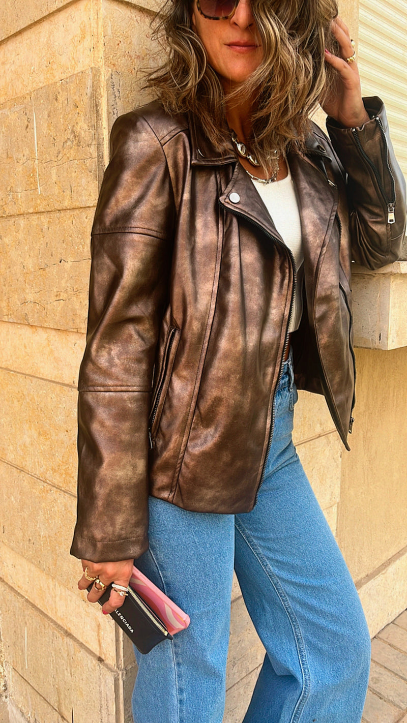 Brown She’s Edgy Metallic Leather Jacket