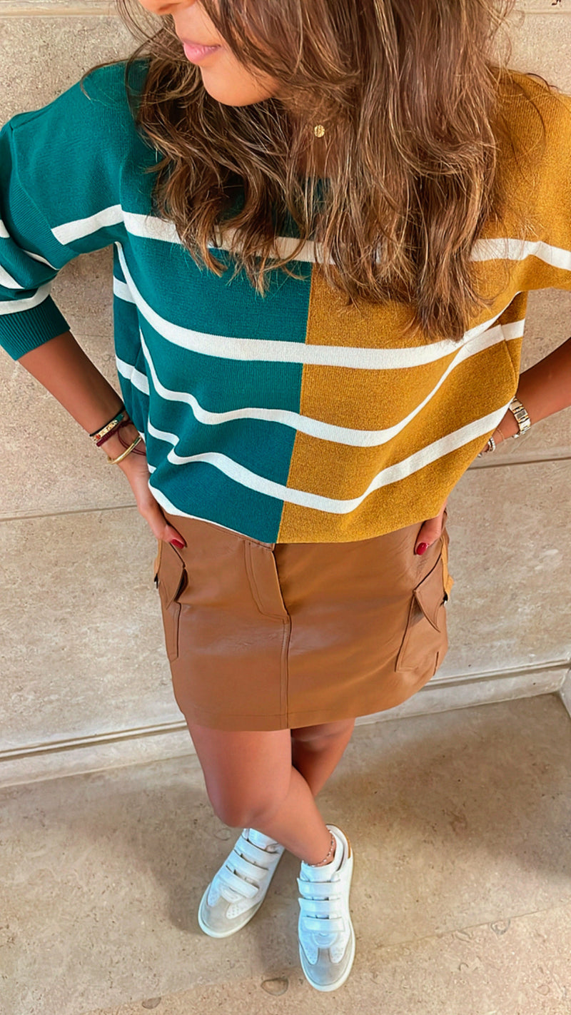 Green & Mustard Colorblock Knit Pullover
