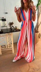 Colorful Parachute Tie Waist Linen Jumpsuit