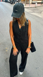 Black Lined Linen Vest Set