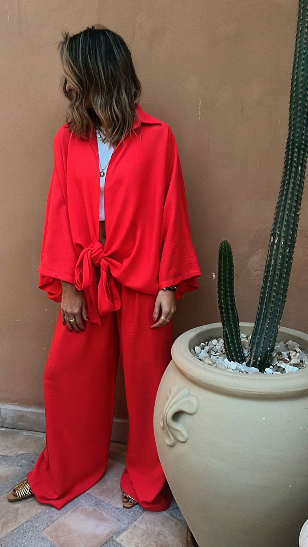 Watermelon Knot Open Shirt Linen Set
