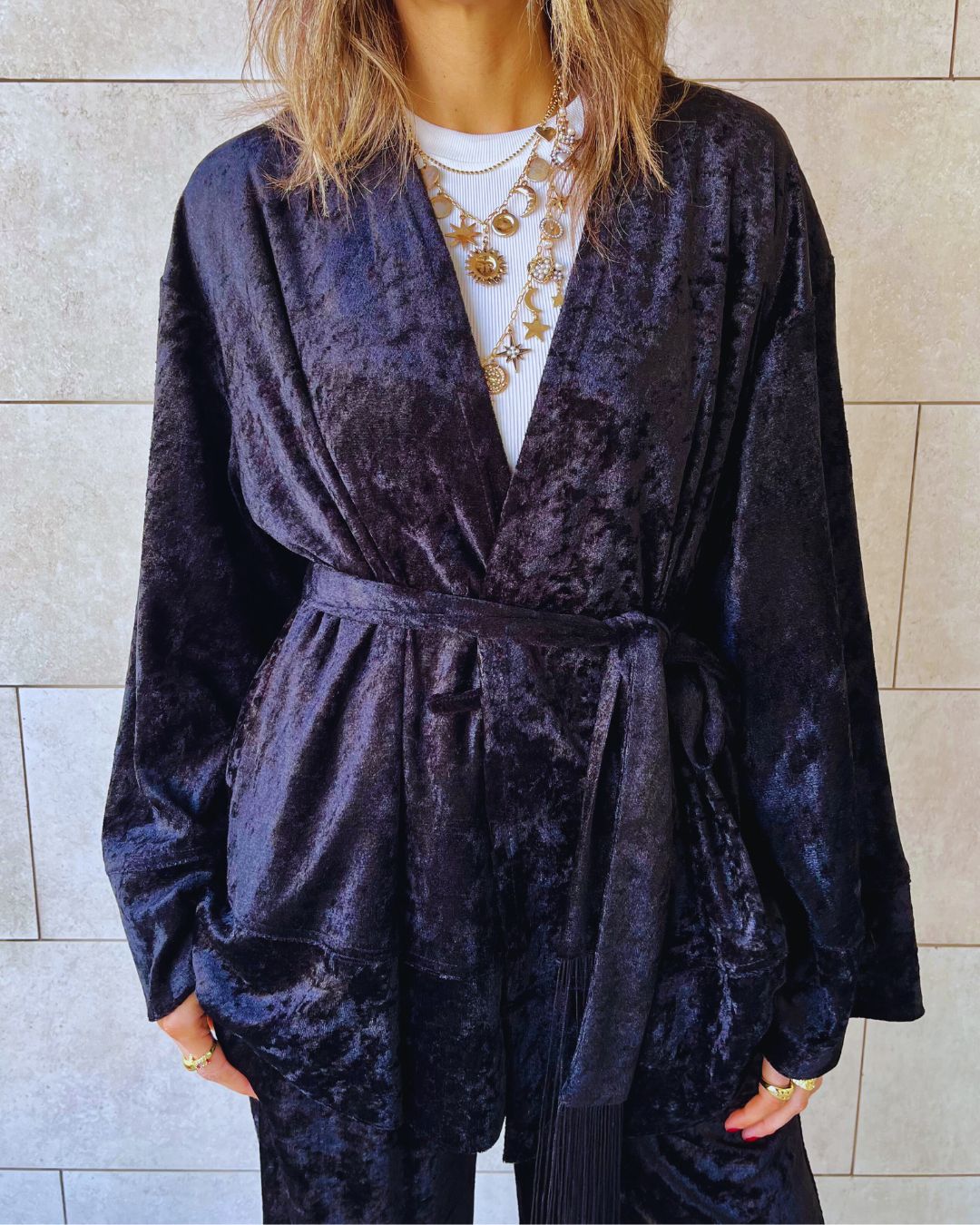 Black Velvet Wrap Fringe Kimono