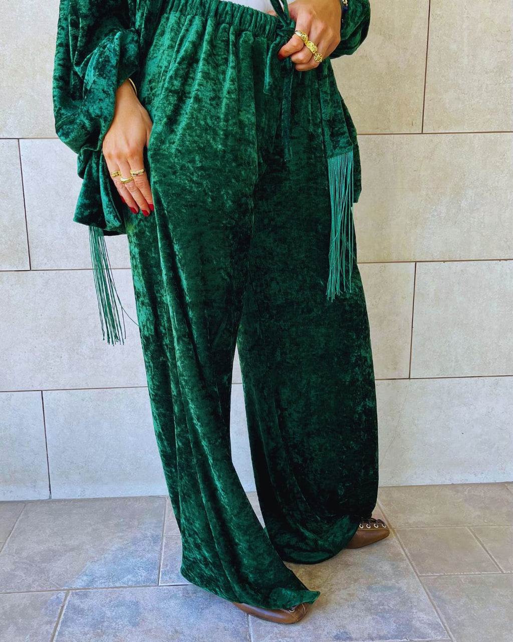Green Flowy Velvet Pants
