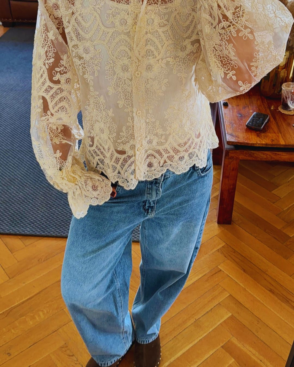 Ivory Sheer Lace Detailed Shirt