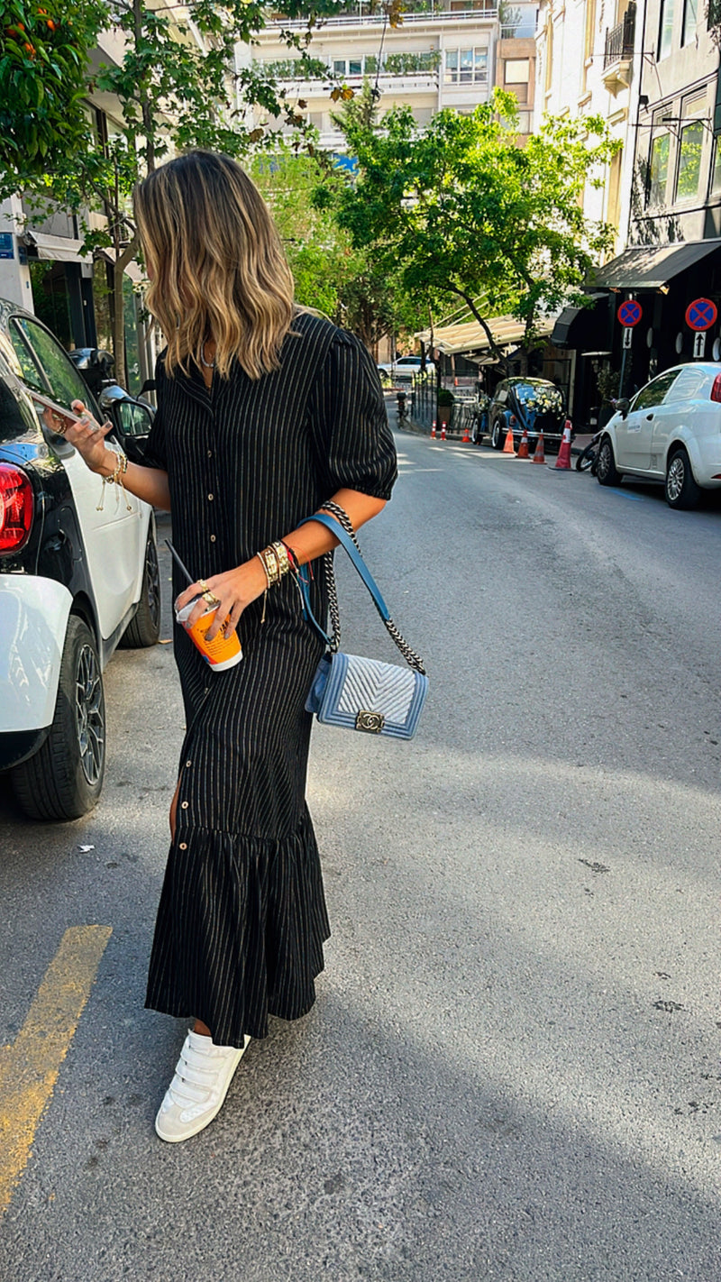 Black Lined Times Button Linen Dress