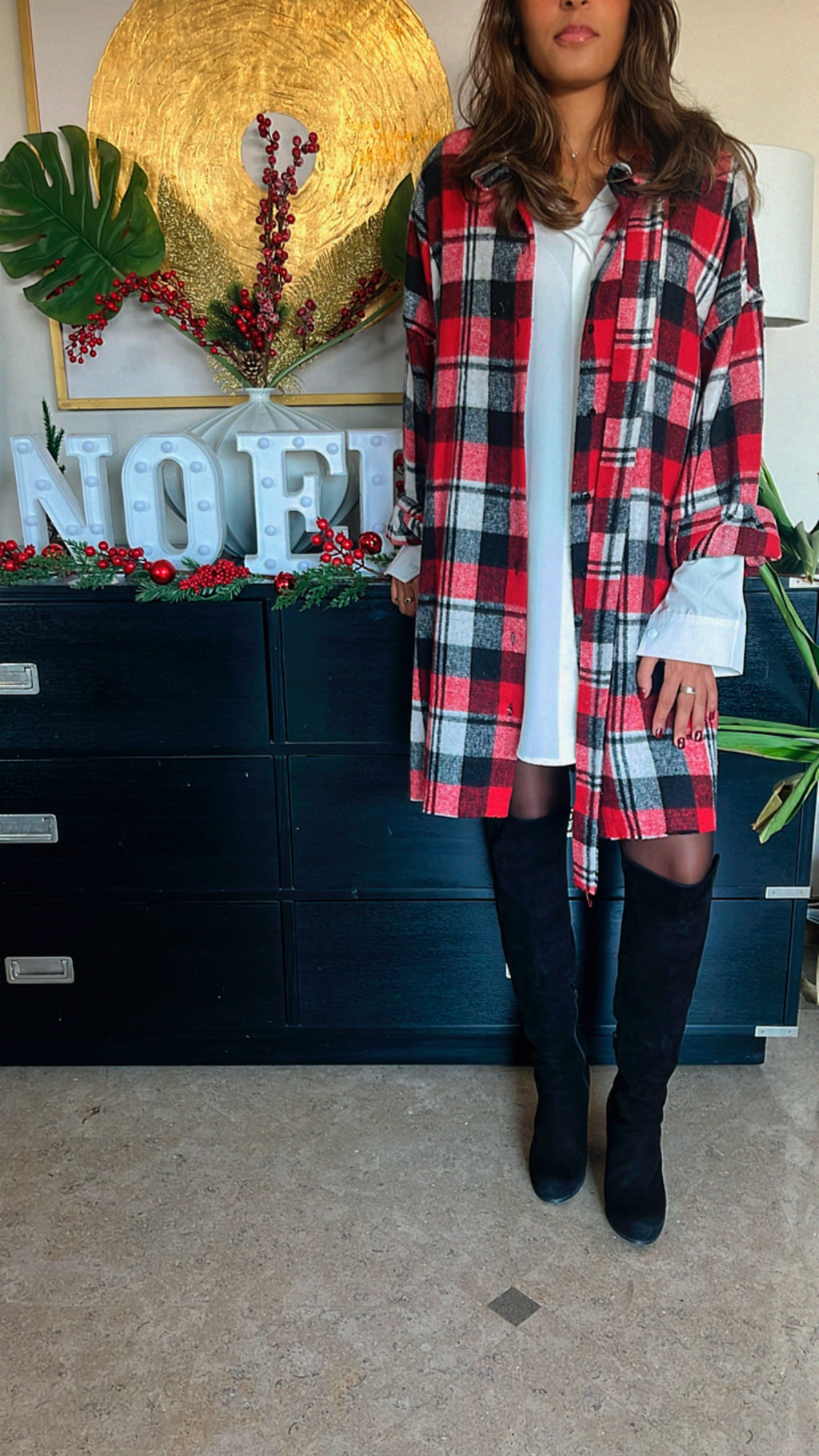 Red Buckled Flannel Longline Shirt