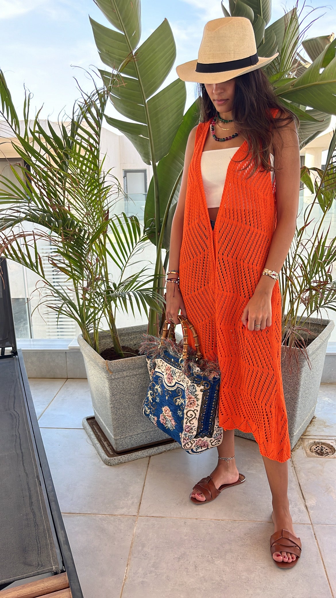 Orange Crochet Longline Vest