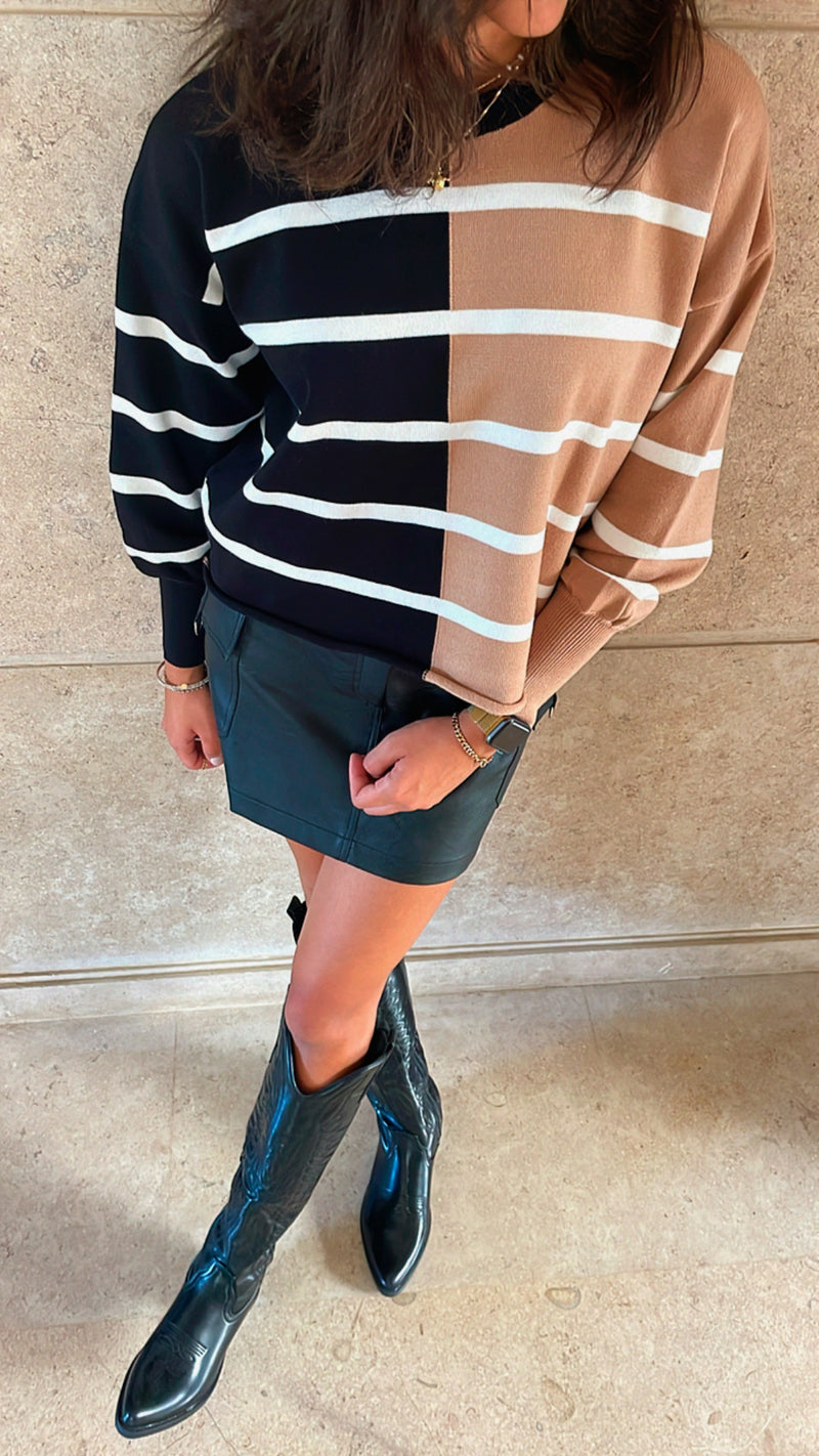 Black & Cafe Colorblock Knit Pullover